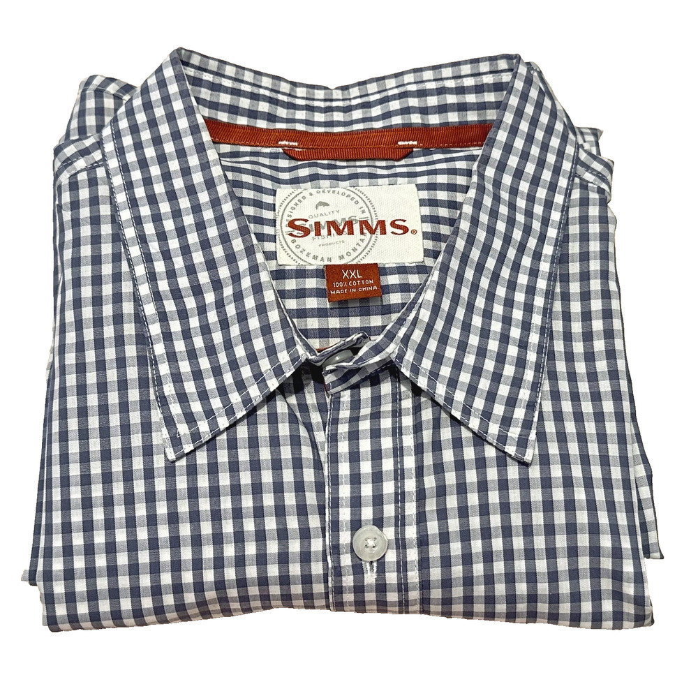 Simms Checkered LS Button Guide Shirt Men XXL Blue-Gray Flap Pocket Camp Western